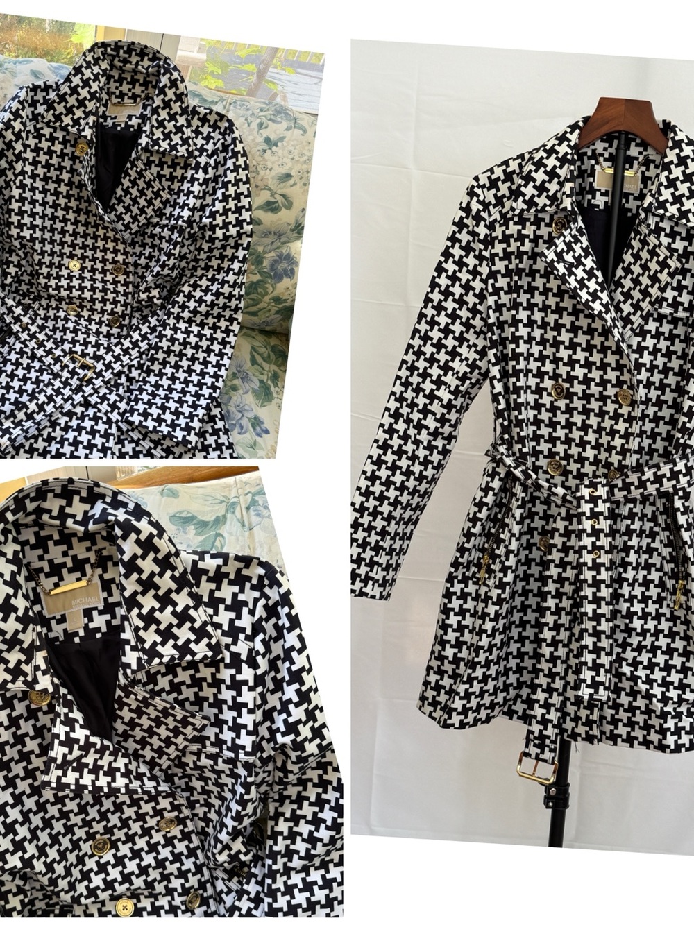 MICHAEL Michael Kors Black & White Houndstooth Double-Breasted Trench